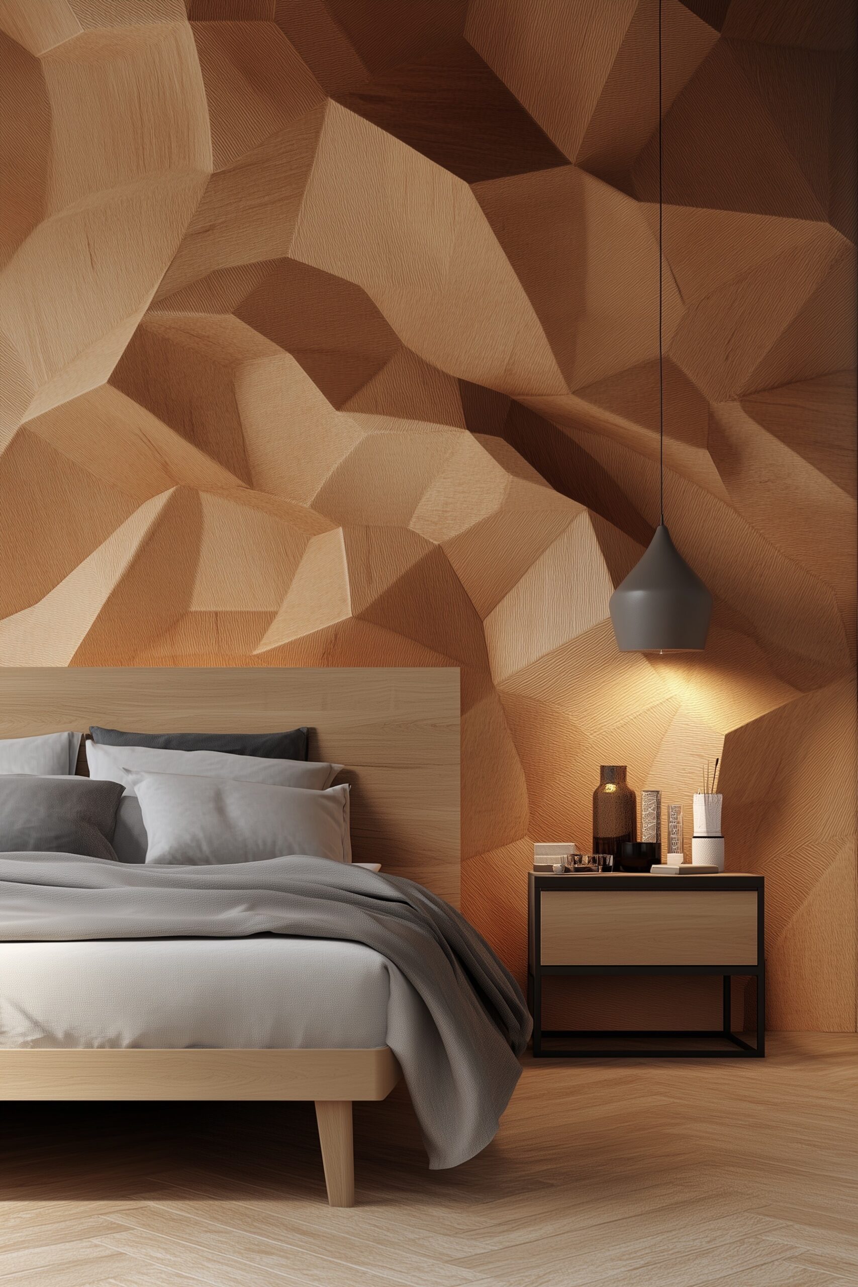 Chambre cosy avec mur de bois en relief 3D, éclairage doux pour une ambiance relaxante