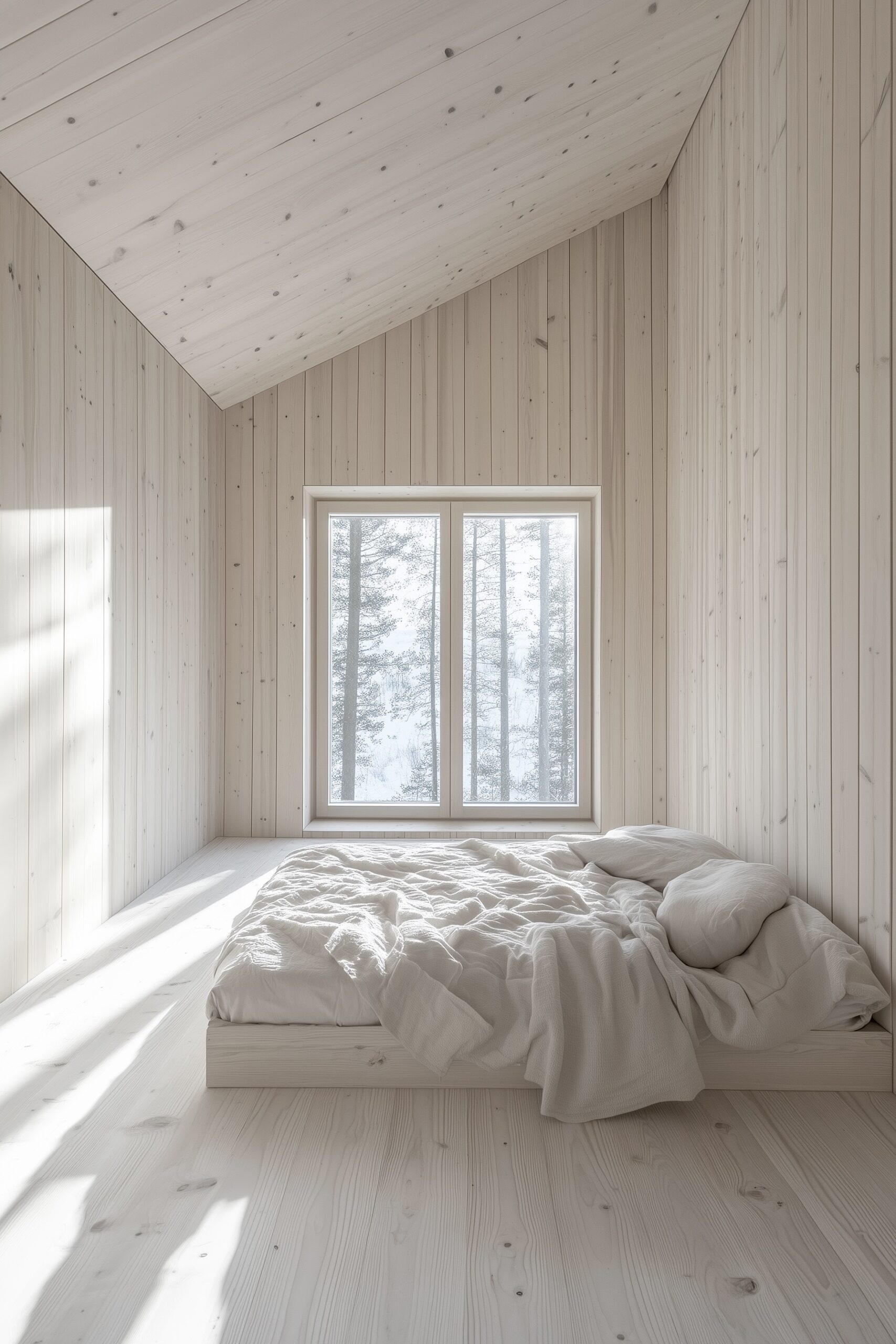 chambre maison cabane mur de bois clair fenêtre lumineuse