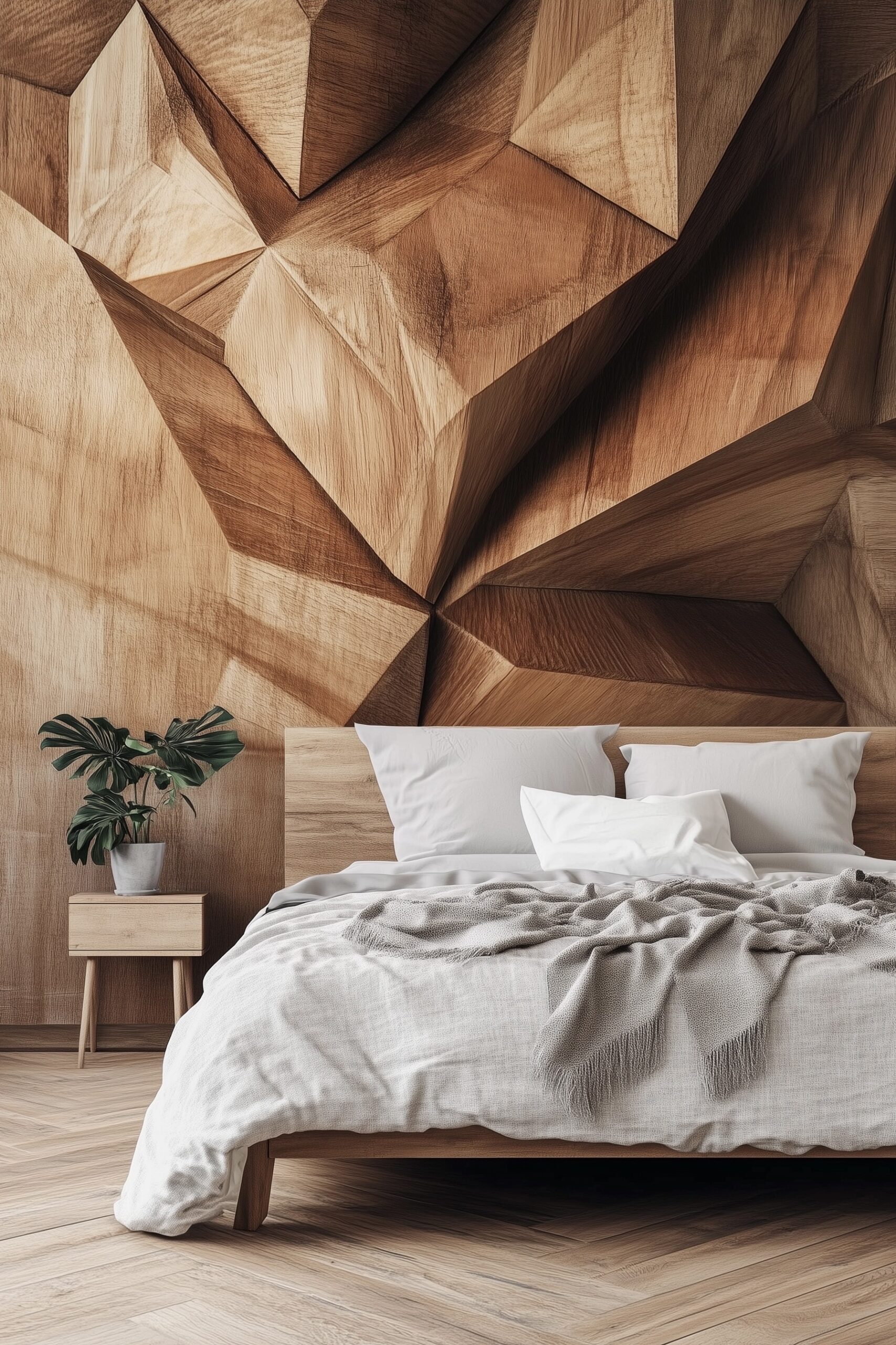 Chambre moderne avec mur de bois sculpté en 3D derrière le lit, effet visuel unique