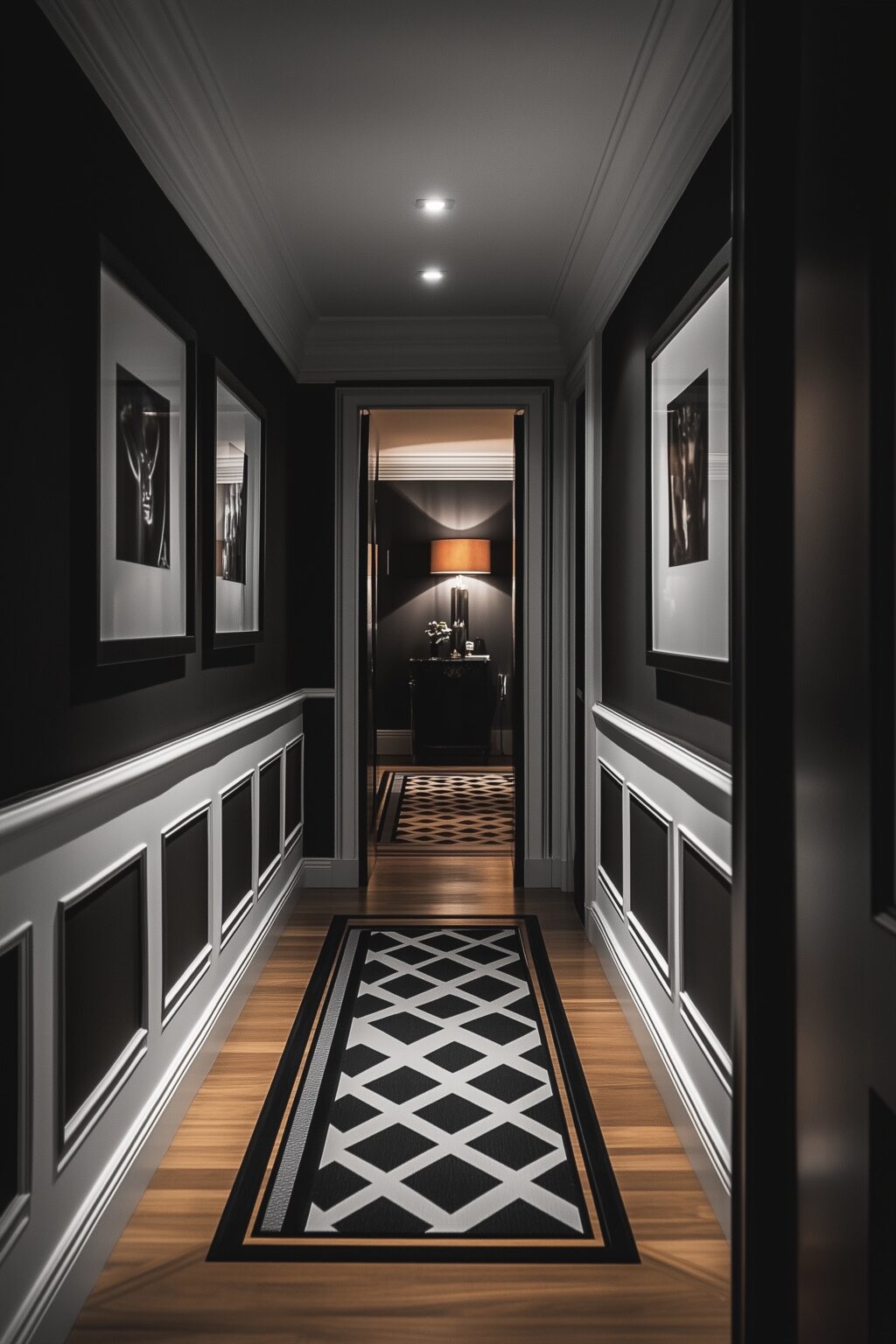 couloir noir et blanc sombre décoration théâtrale