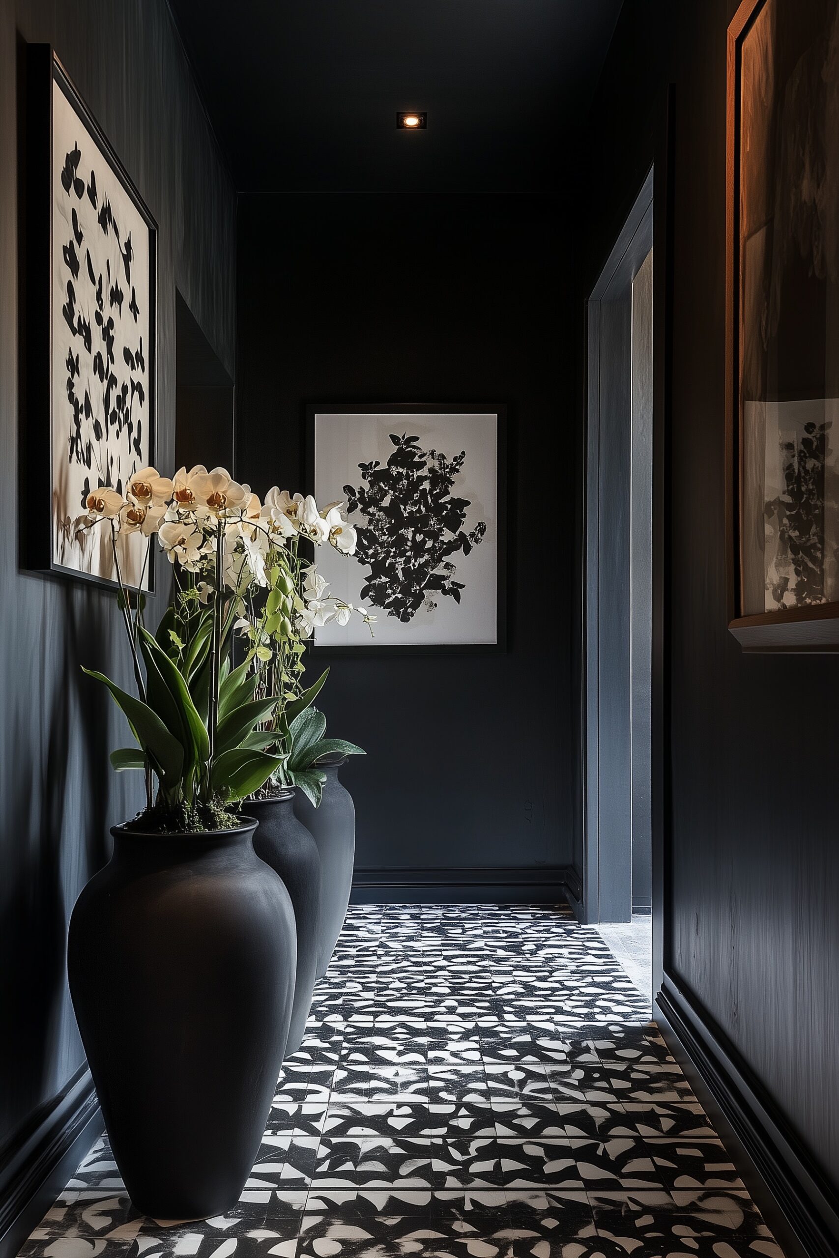 inspiration couloir noir blanc plafond sombre