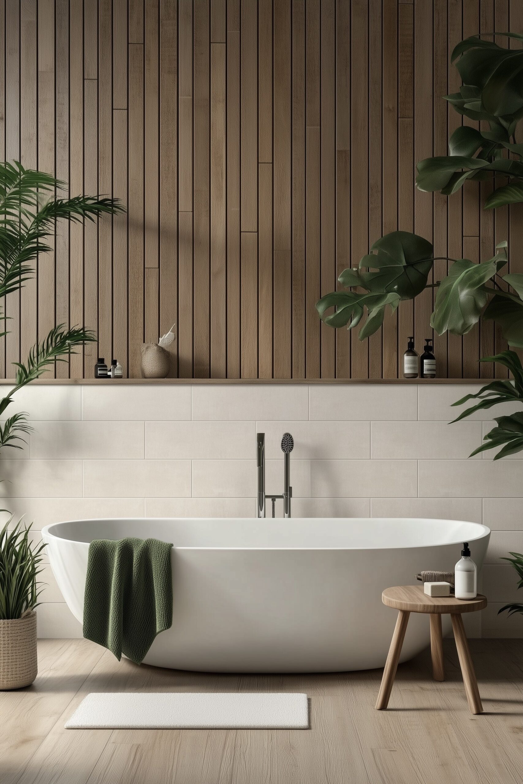 salle bain moderne mur de bois vertical baignoire blanche