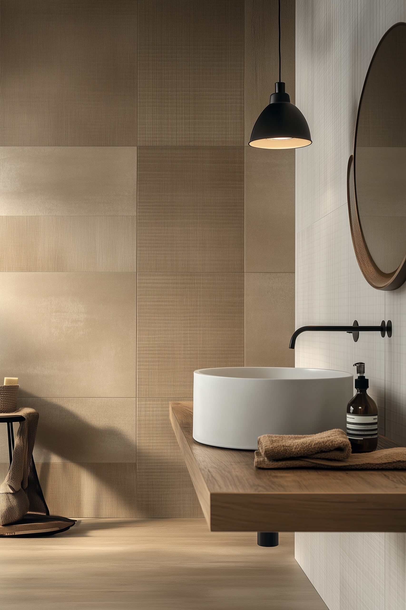 Salle de bain moderne avec mur de bois texturé, ambiance naturelle et minimaliste