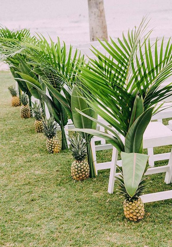 deco ceremonie laique ananas banc bois herbe palmier mariage