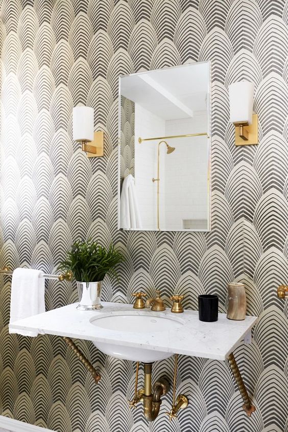 salle de bain art déco papier peint dore or eventail blog