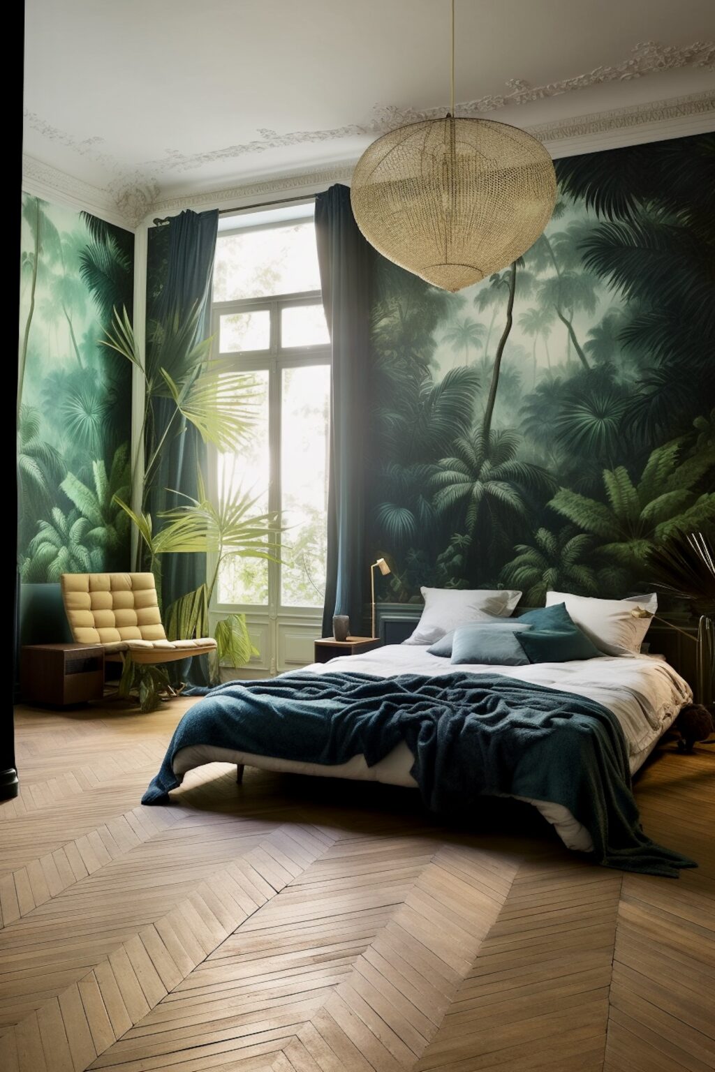 chambre parisienne papier peint jungle parquet point de Hongrie