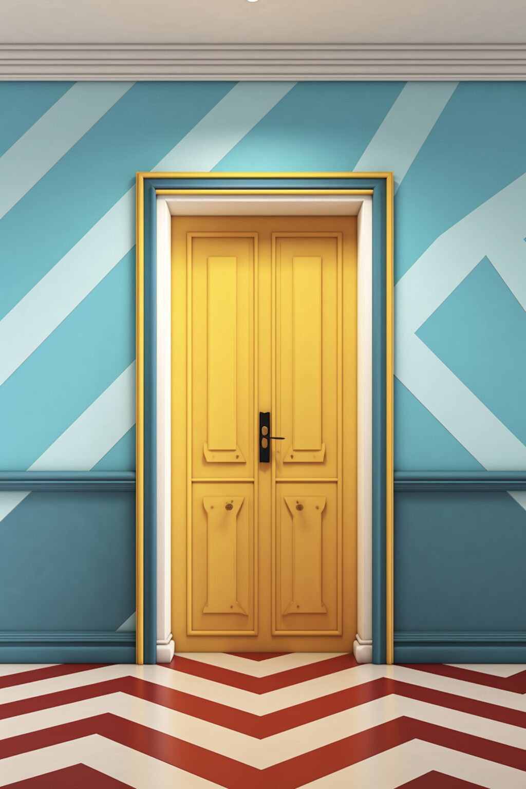 couloir multicolore forme peinture graphique rayures blanches bleues rouges