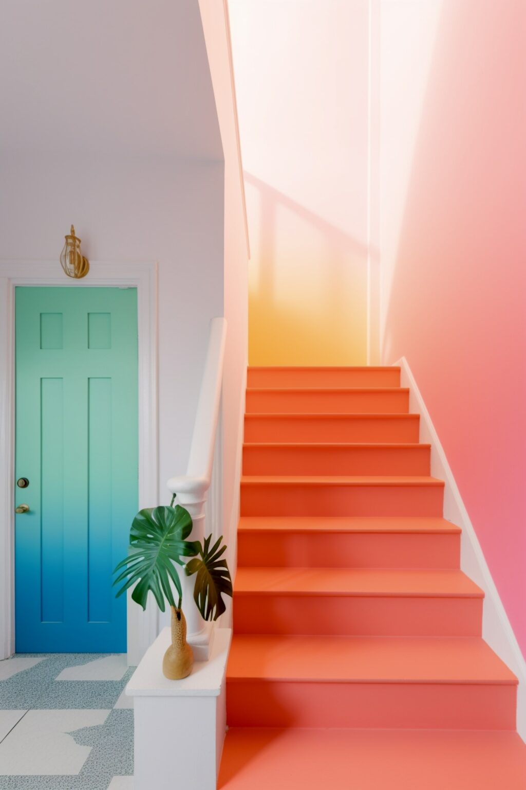 décoration dégradée porte bleu vert escalier rose rouge