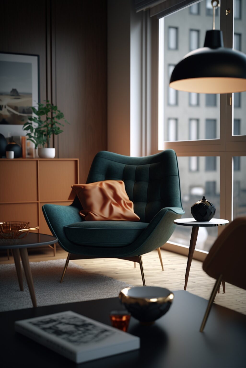 fauteuil vert canard salon cosy scandinave mid-century moderne Jacobsen