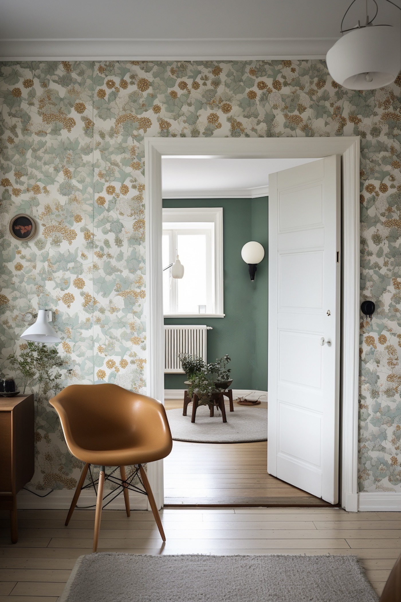 intérieur scandinave rétro papier-peint liberty vintage vert beige