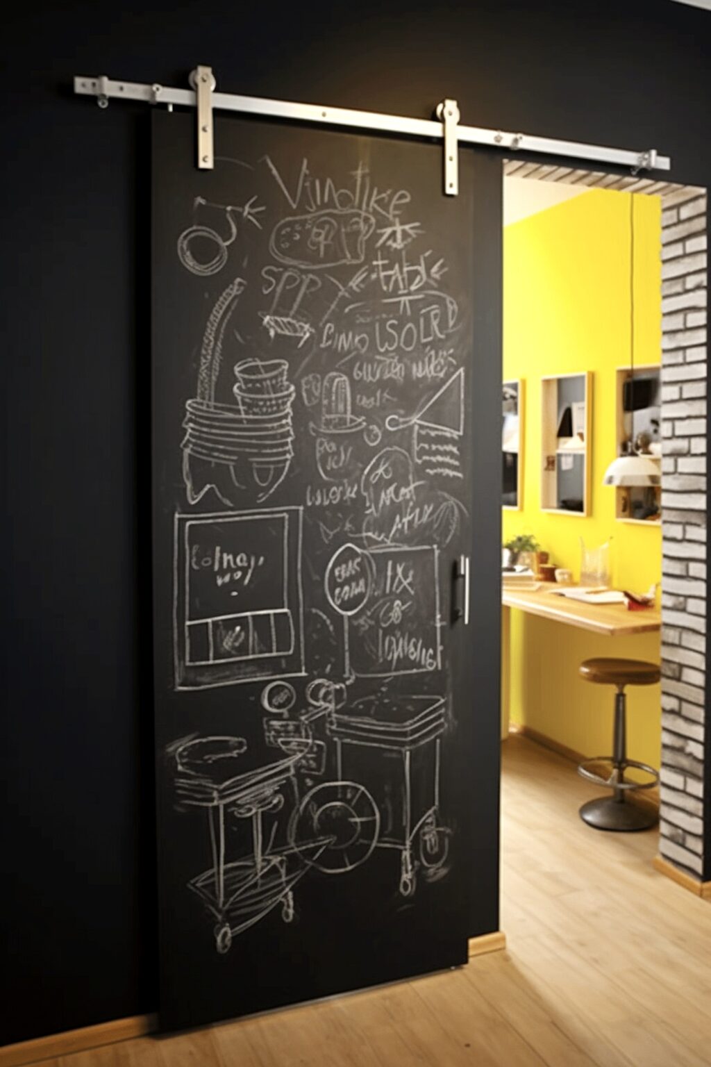 porte tableau noir ardoise craie galandages cuisine loft jaune