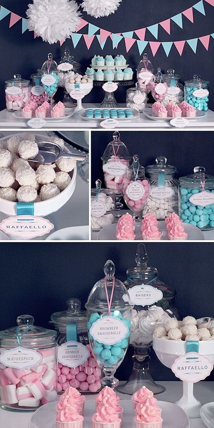 blog déco clemaroundthecorner gender reveal party candy bar cupcakes couleurs bleu rose guirlandes paquet bonbons