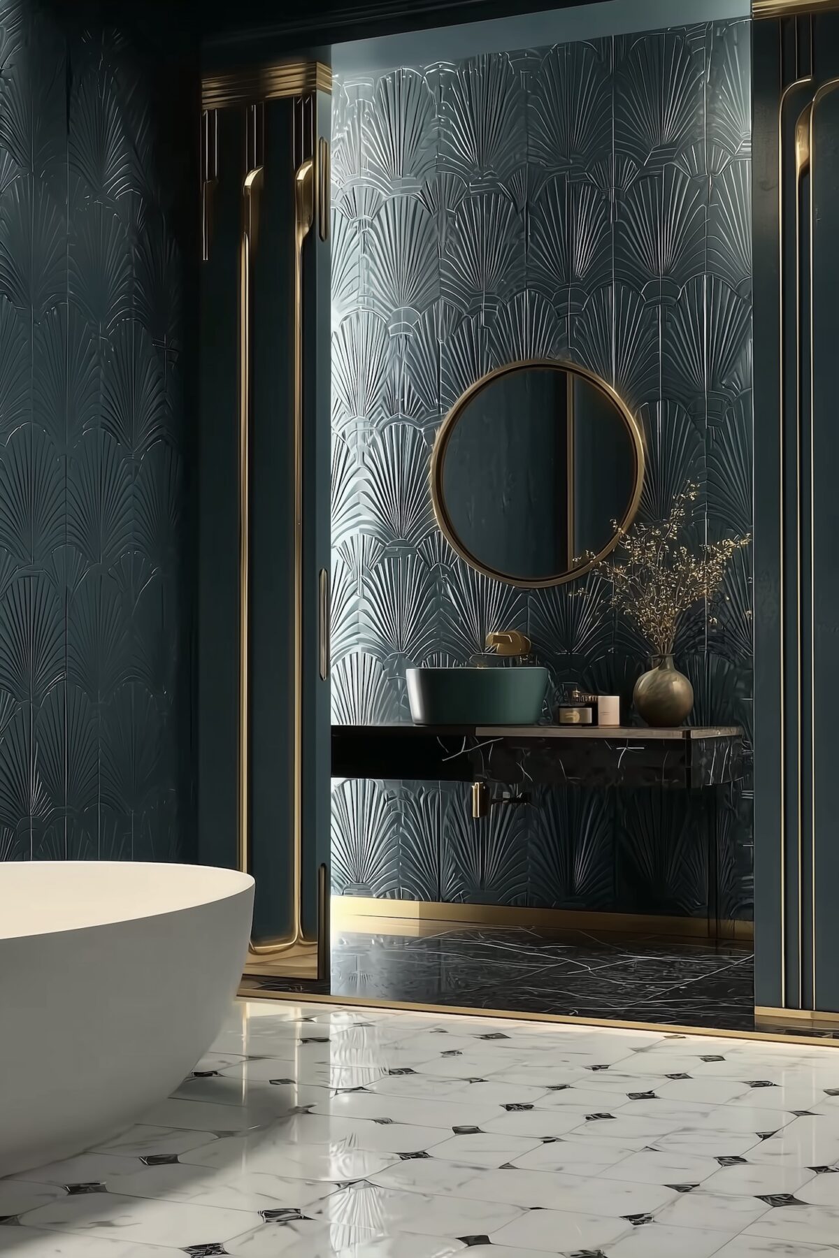 carrelage relief bleu canard design doré