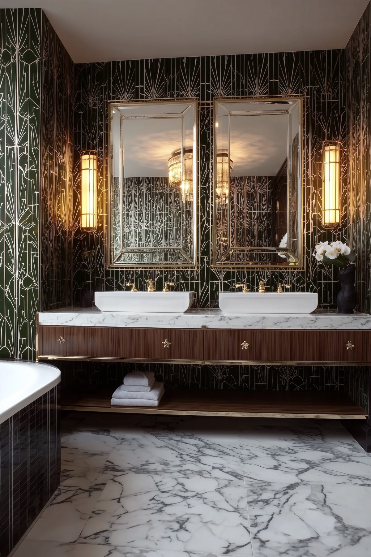 salle de bain sol marbre meuble bois foncé noyer