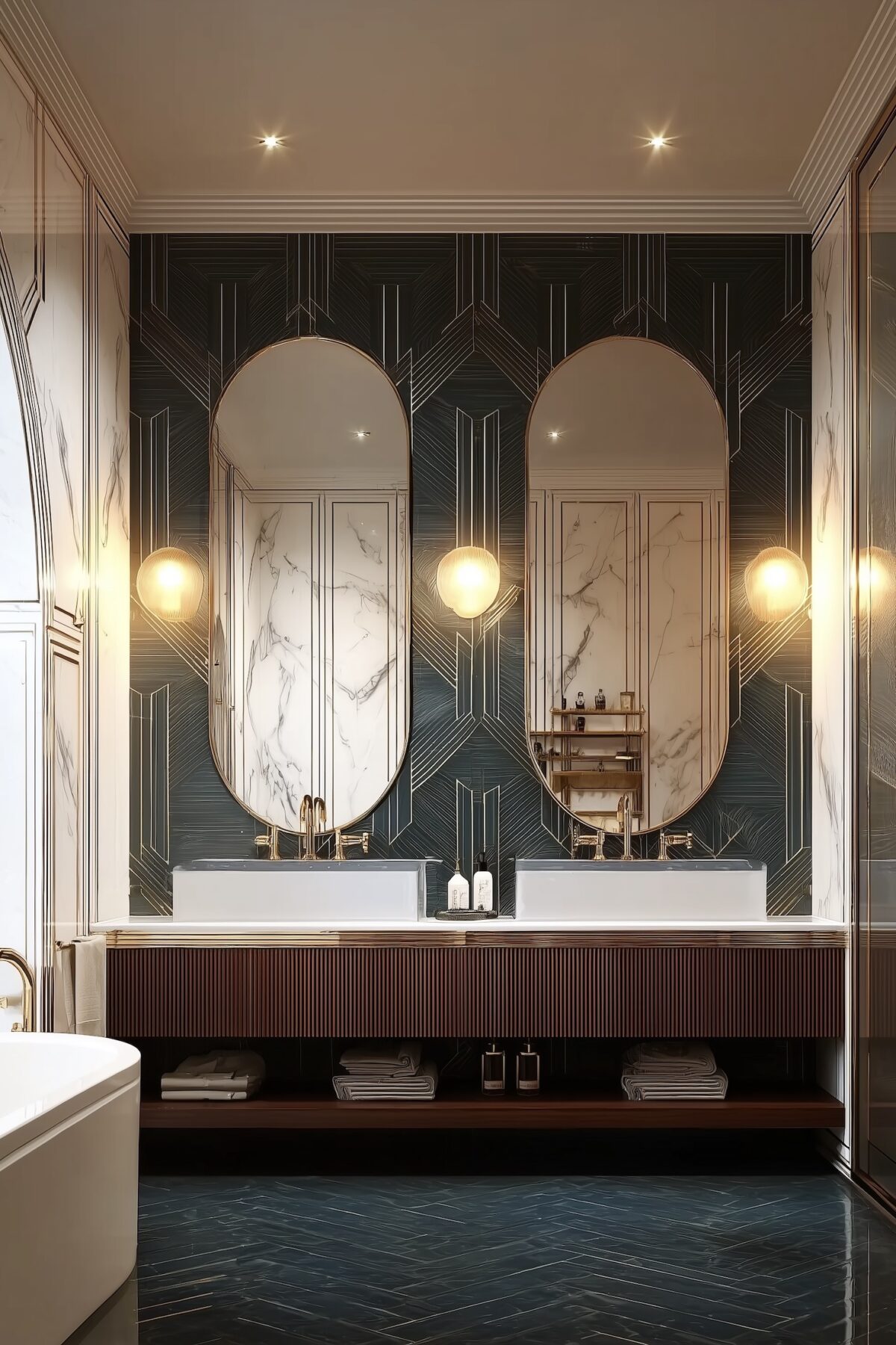 salle de bains Art Déco carrelage bleu canard