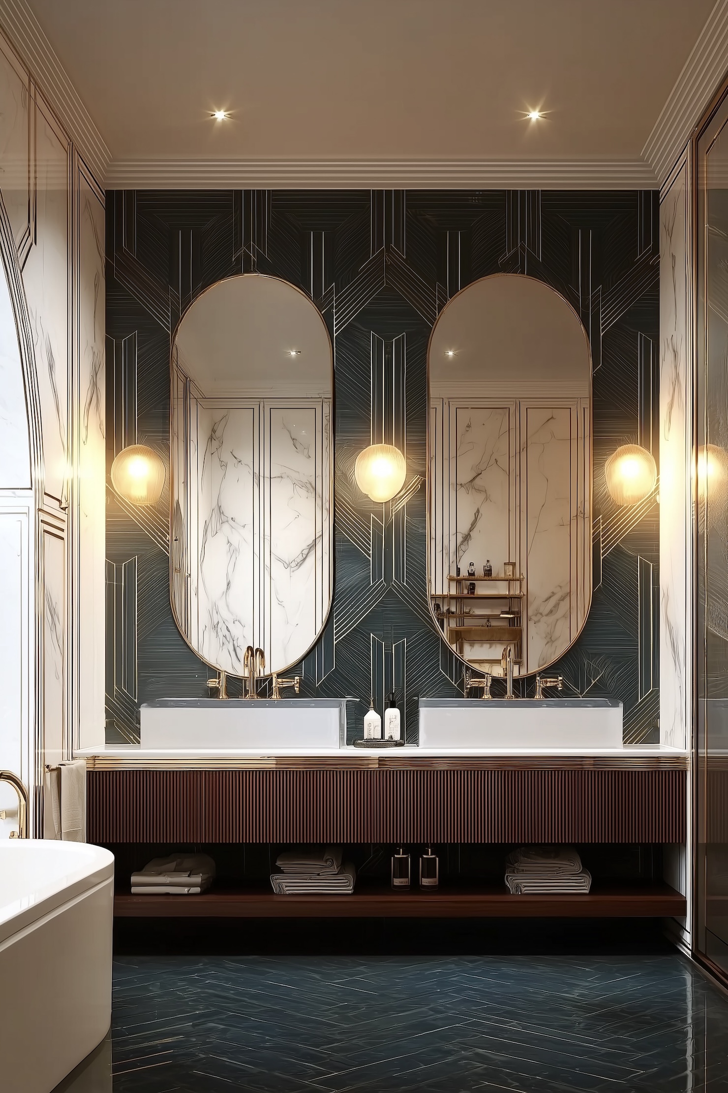 salle de bains Art Déco carrelage bleu canard