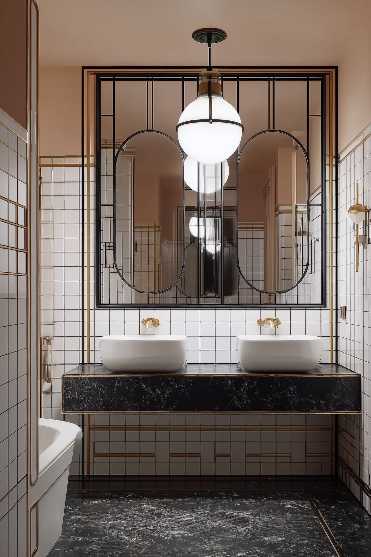 salle de bains rose pastel noir verrière miroir