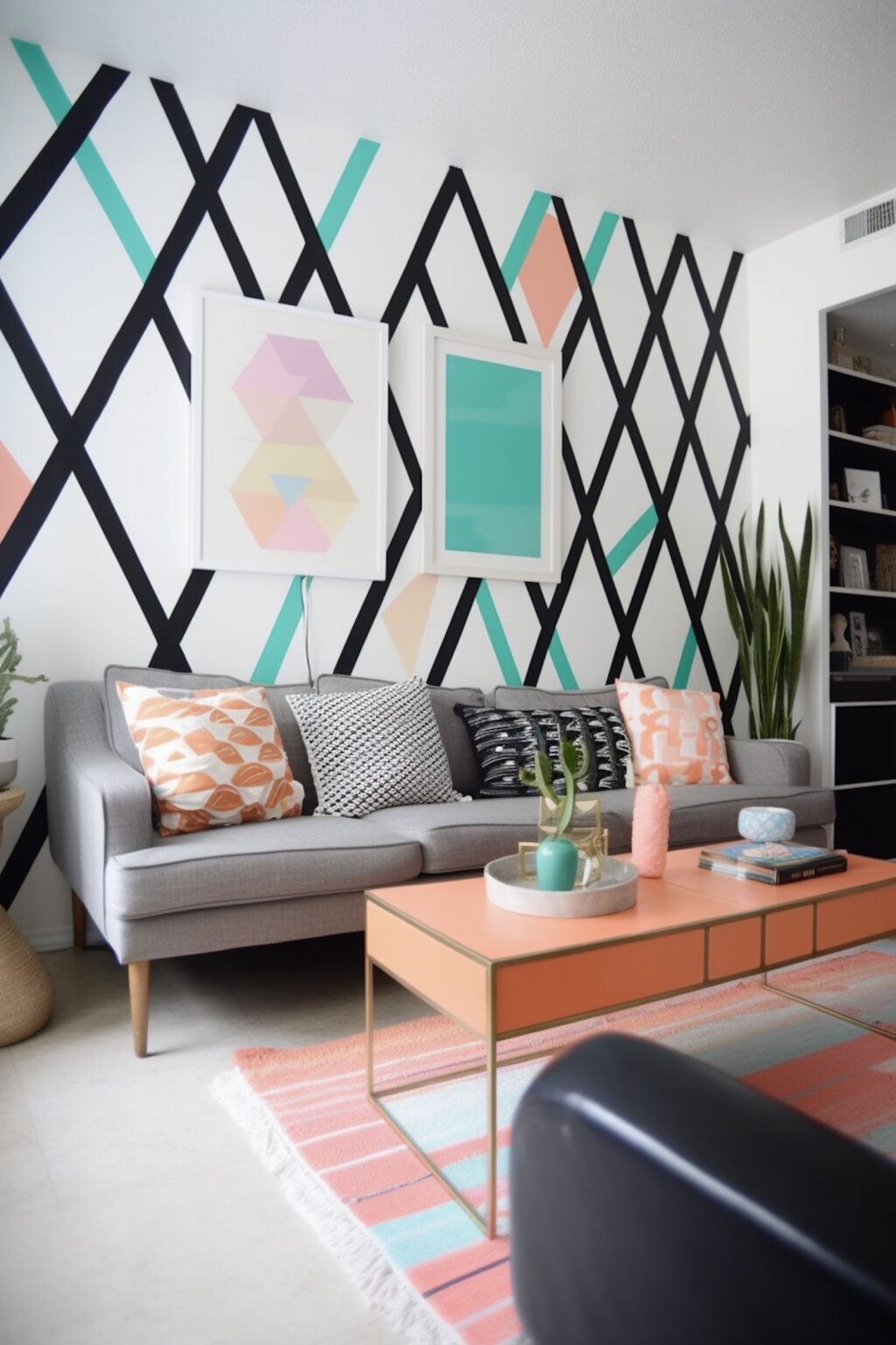 créer motif mural géométrique avec bande adhésive noire