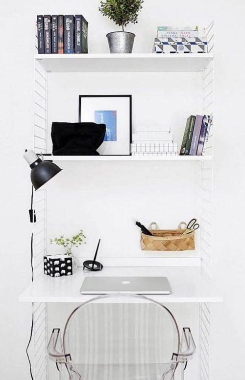 amenager 20m2 bureau rabattable travail étagère table chaise blanc studio petit espace blog déco