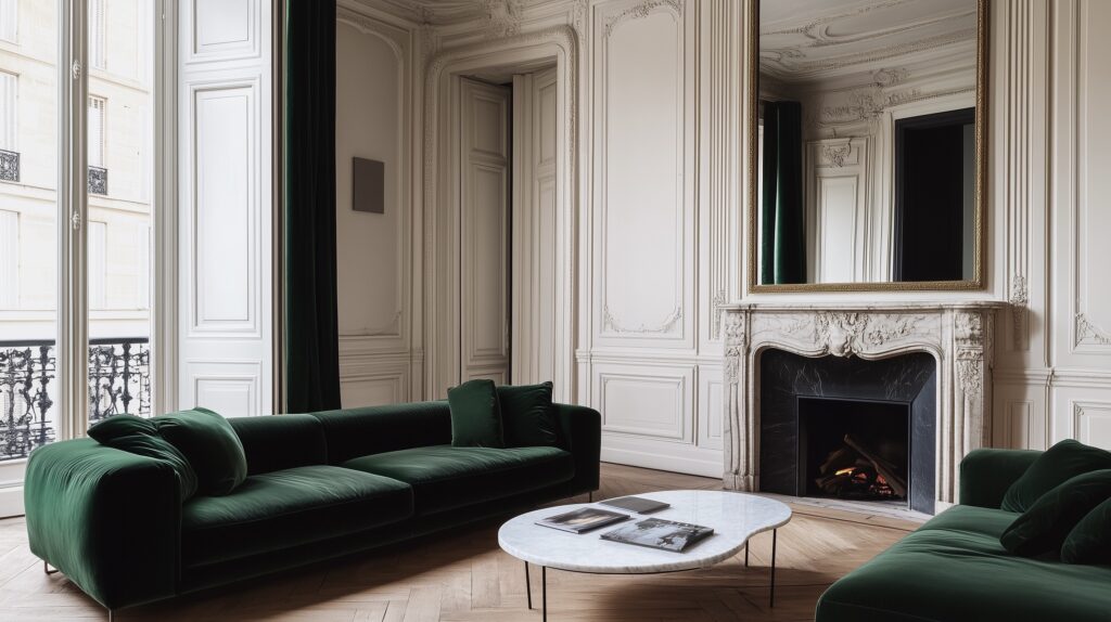 déco parisienne nuance de vert salon canapé velours