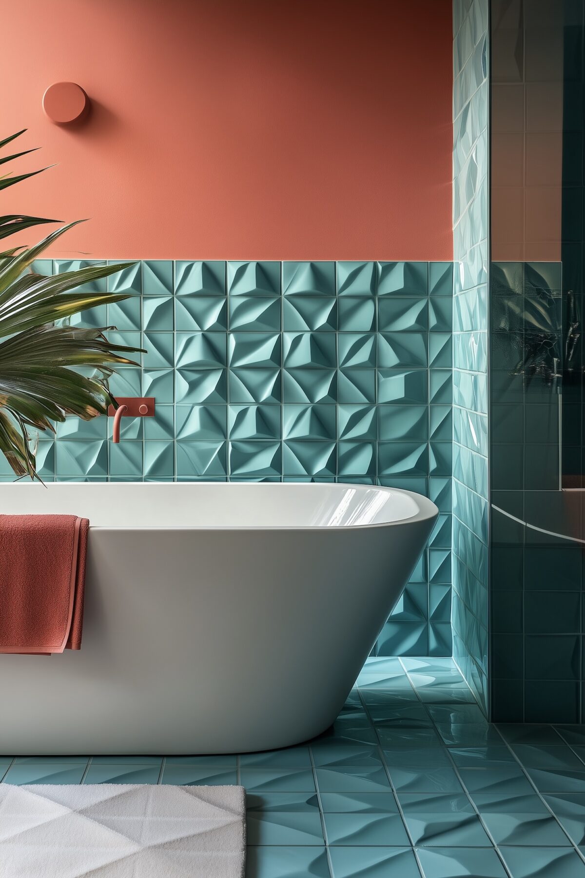baignoire carrelage relief turquoise mur corail