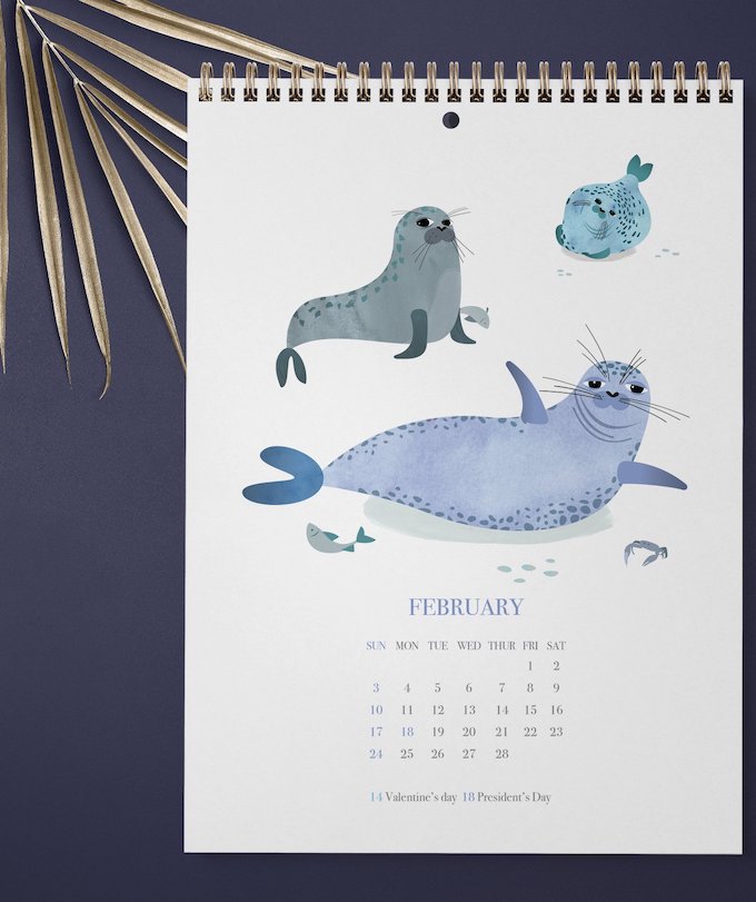calendrier 2019 original phoque bleu février dessin illustration enfant blog déco clem around the corner