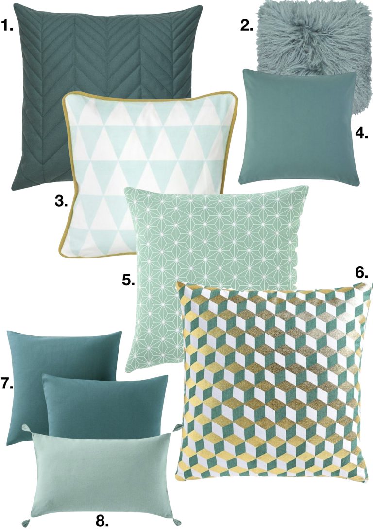 décoration vert céladon liste coussin chambre salon - blog déco - clem around the corner