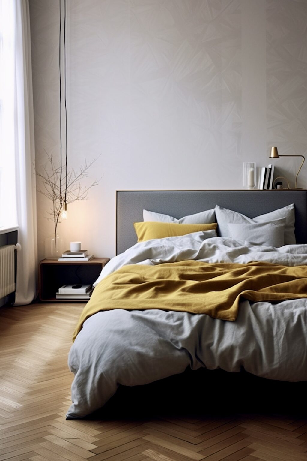 chambre grise jaune moutarde déco scandinave