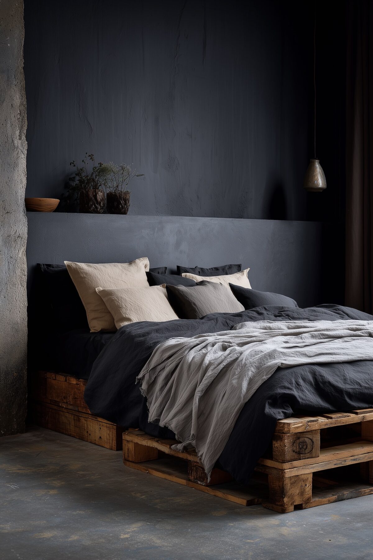 emménagement chambre loft couleurs sombres cosy