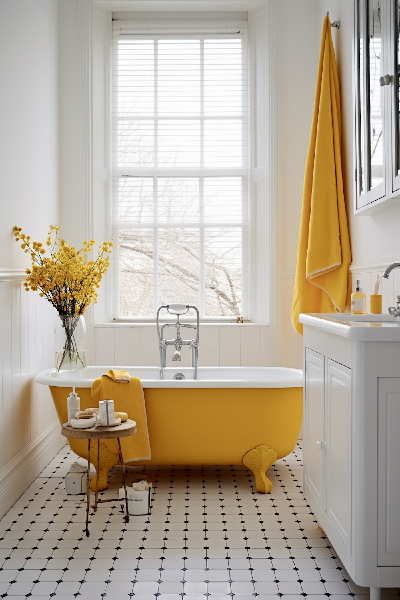 salle de bain blanche baignoire îlot jaune mimosa