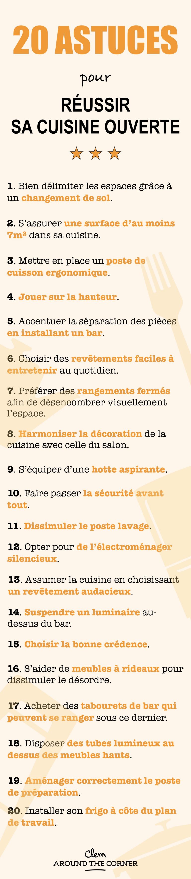 cuisine ouverte sur salon infographie récap 20 astuces - blog déco - clem around the corner
