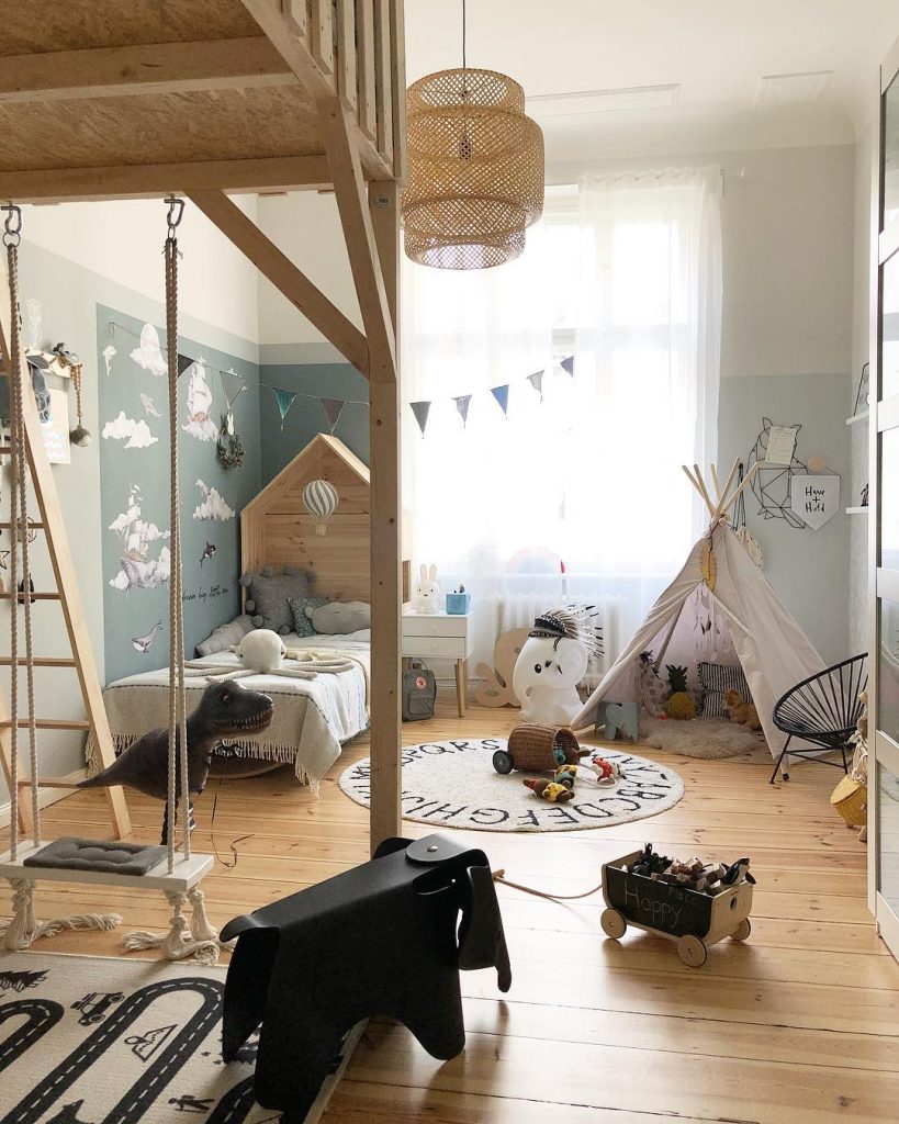 couleur pastel chambre enfant mezzanine lit cabane échelle bois balançoire intérieure tipi - blog déco - clem around the corner
