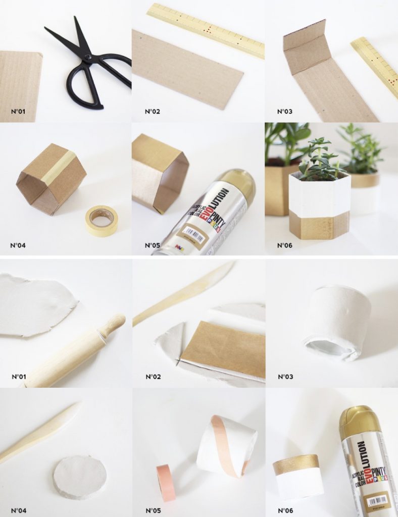 cache pot tuto carton style métallisé doré blanc diy - blog déco - clem around the corner