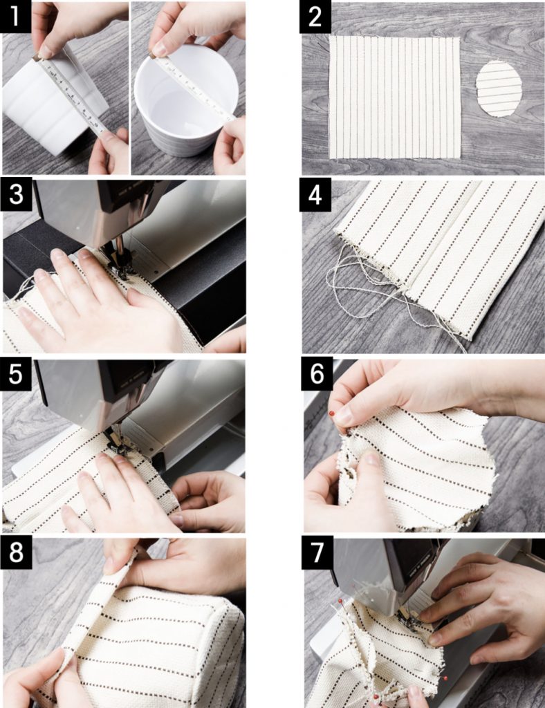 cache pot diy tuto tissu rayure blanc machine coudre - blog déco - clem around the corner