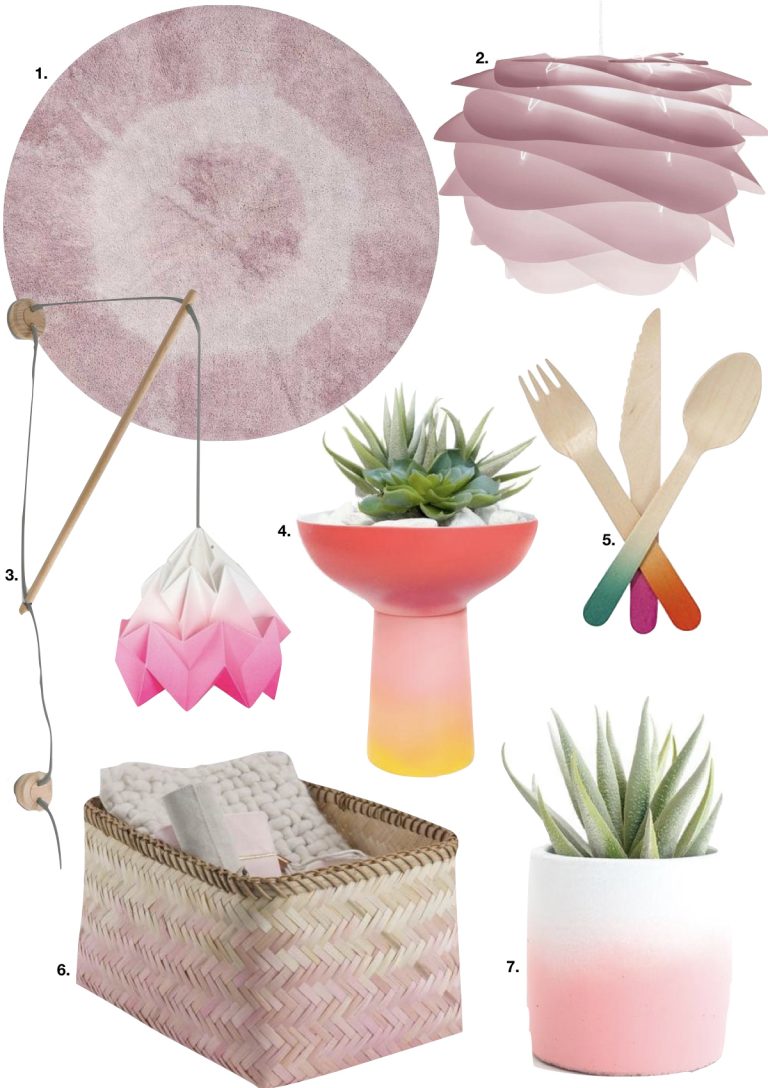 tie and dye lampe panier osier couvert bois tapis rose - blog déco - clem around the corner