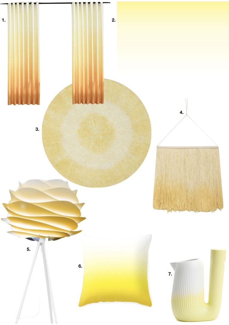 tie and dye lampe design coussin rideau tapis jaune - blog déco - clem around the corner