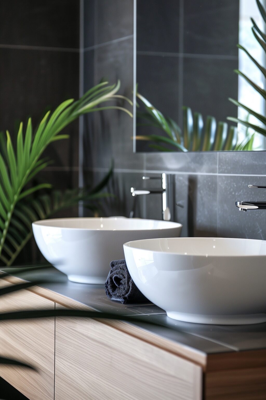 double vasque blanche meuble bois carrelage gris anthracite