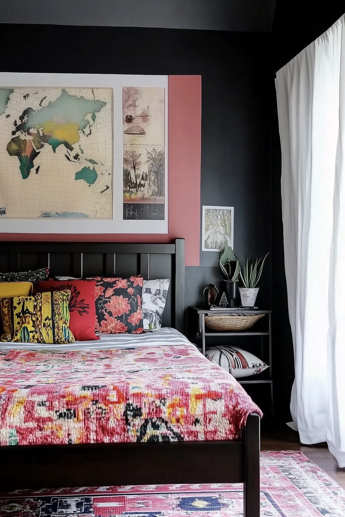 mur noir lit bois peint plaid rose