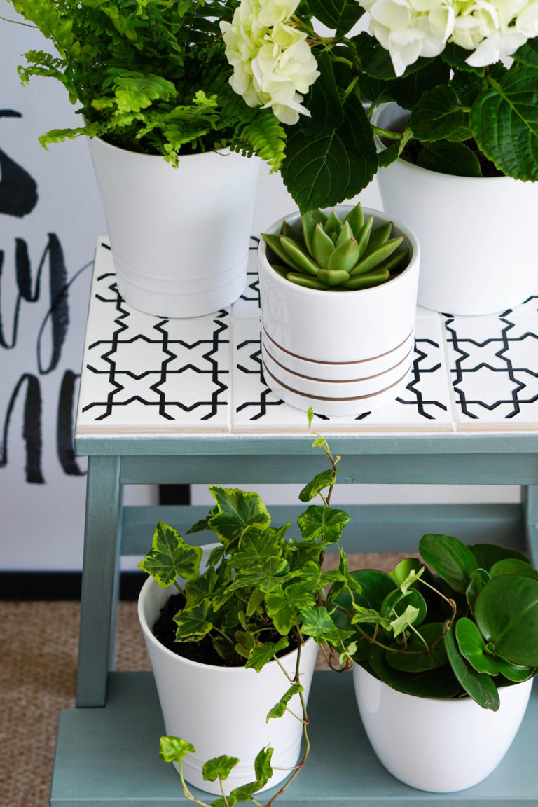 marche pied ikea étagère pour plante carrelage carreaux céramique noir blanc - blog déco - clem around the corner