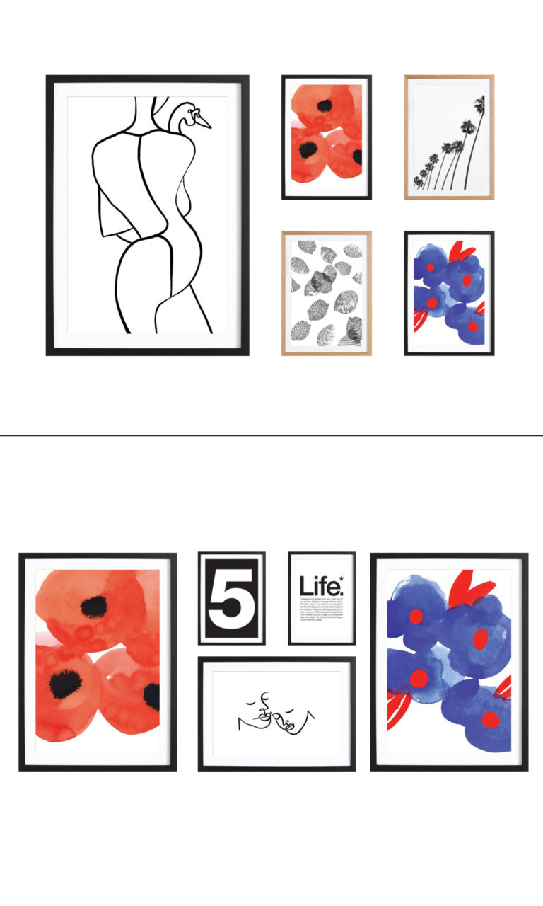 mur de cadres rectangle carré alignement sobre bleu noir rouge - blog déco - clem around the corner