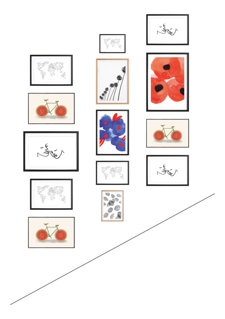 mur de cadres escaliers superposition colonne rouge noir bleu - blog déco - clem around the corner