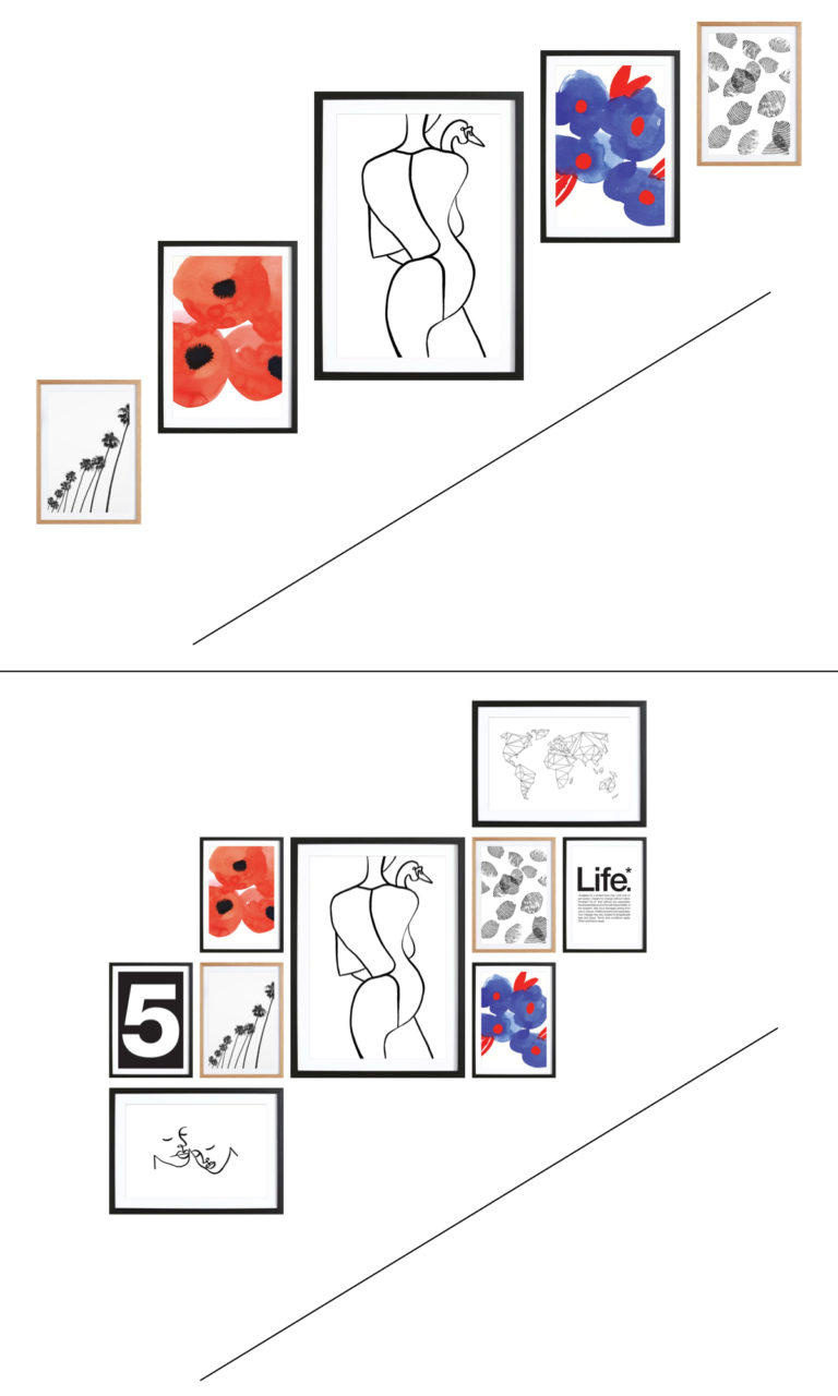 mur de cadres escaliers superposition colonne ligne noir bleu - blog déco - clem around the corner