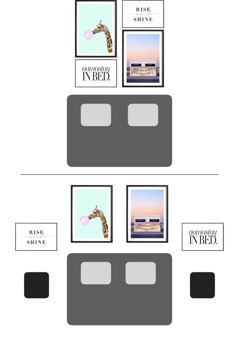 mur de cadres chambre schéma disposition colonne ligne au dessus lit - blog déco - clem around the corner