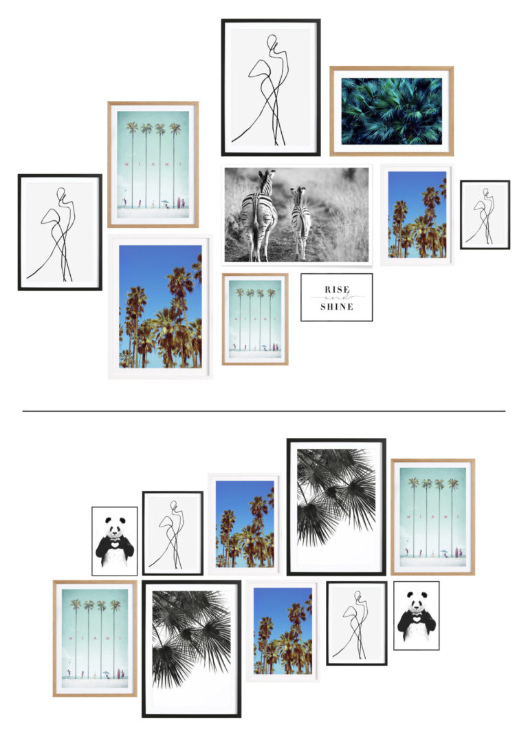 mur de cadres salon disposition bloc bleu au dessus canapé meuble - blog déco - clem around the corner