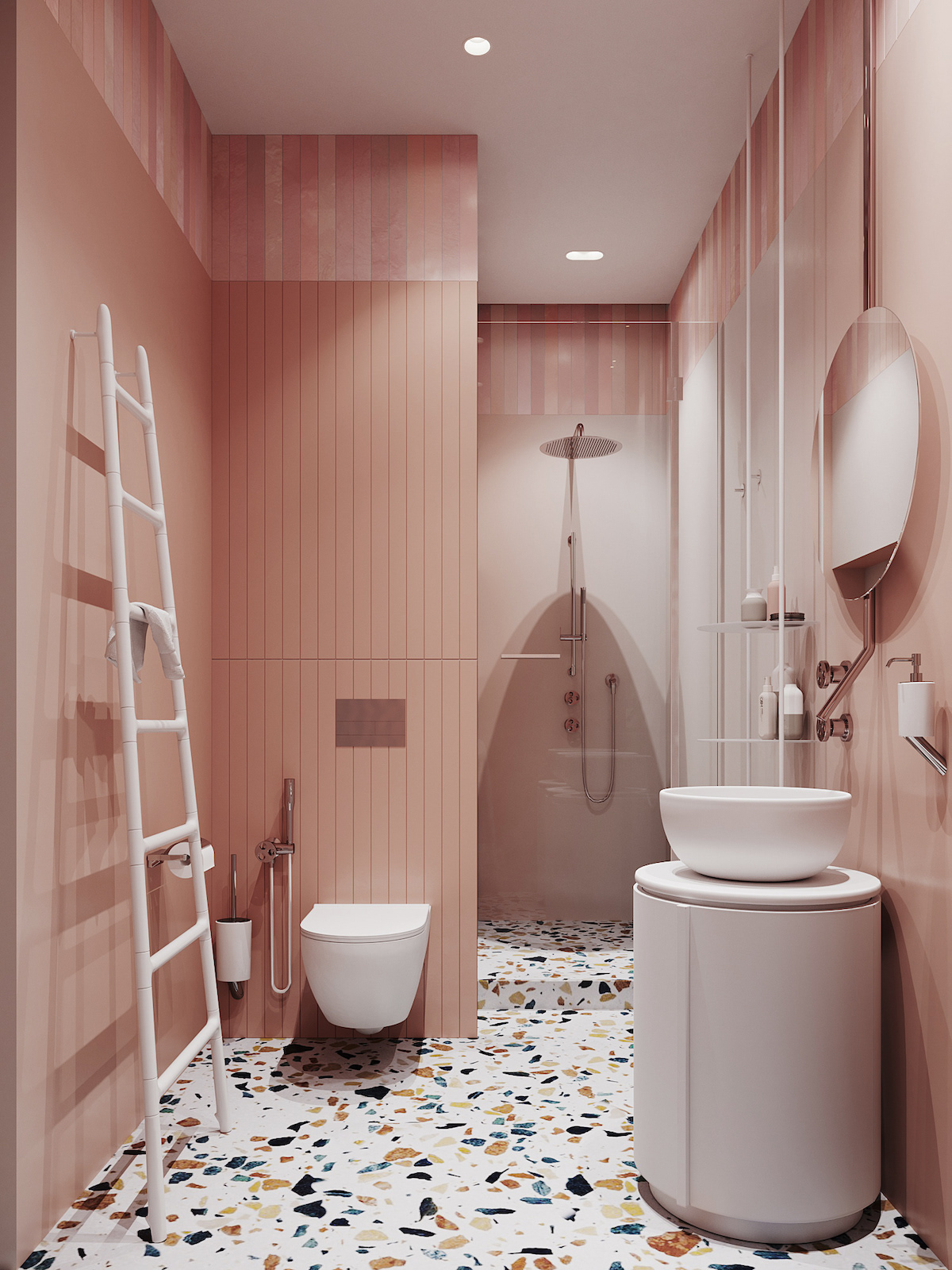 rose blush salle de bain terrazzo sol sèche serviette échelle blanche - blog déco - clem around the corner