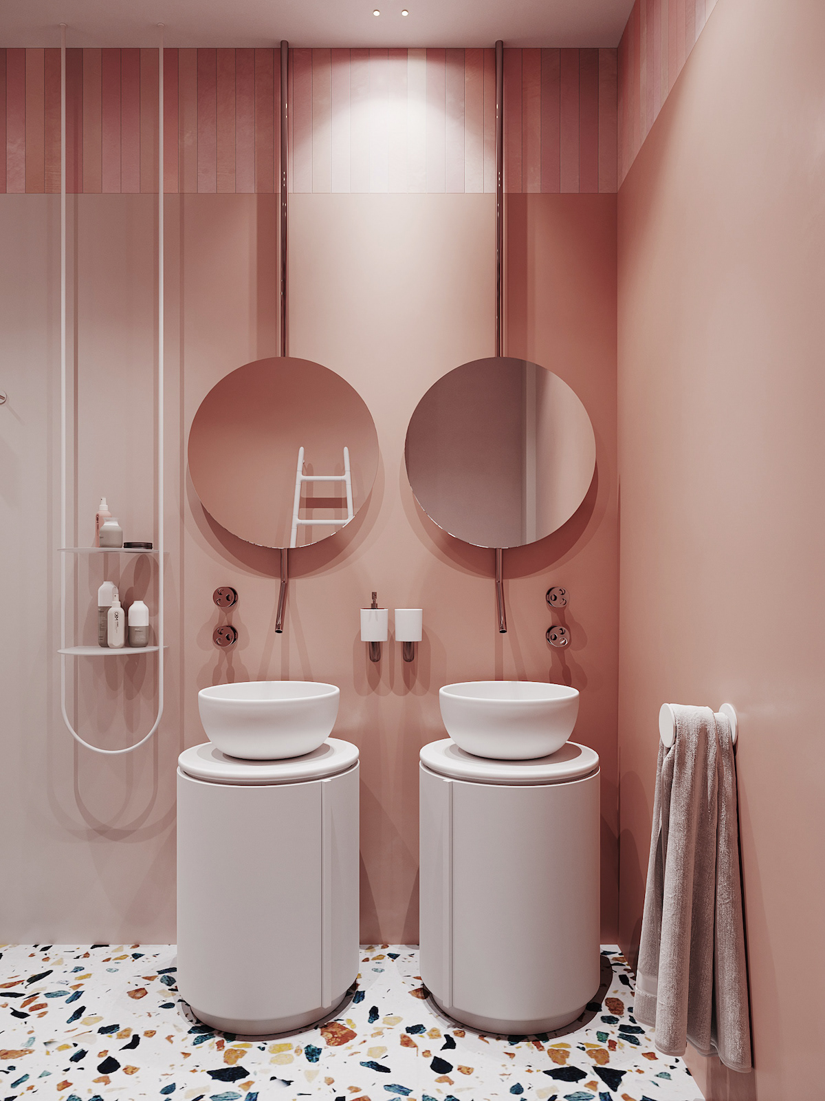 rose blush salle de bain terrazzo double lavabo - blog déco - clem around the corner