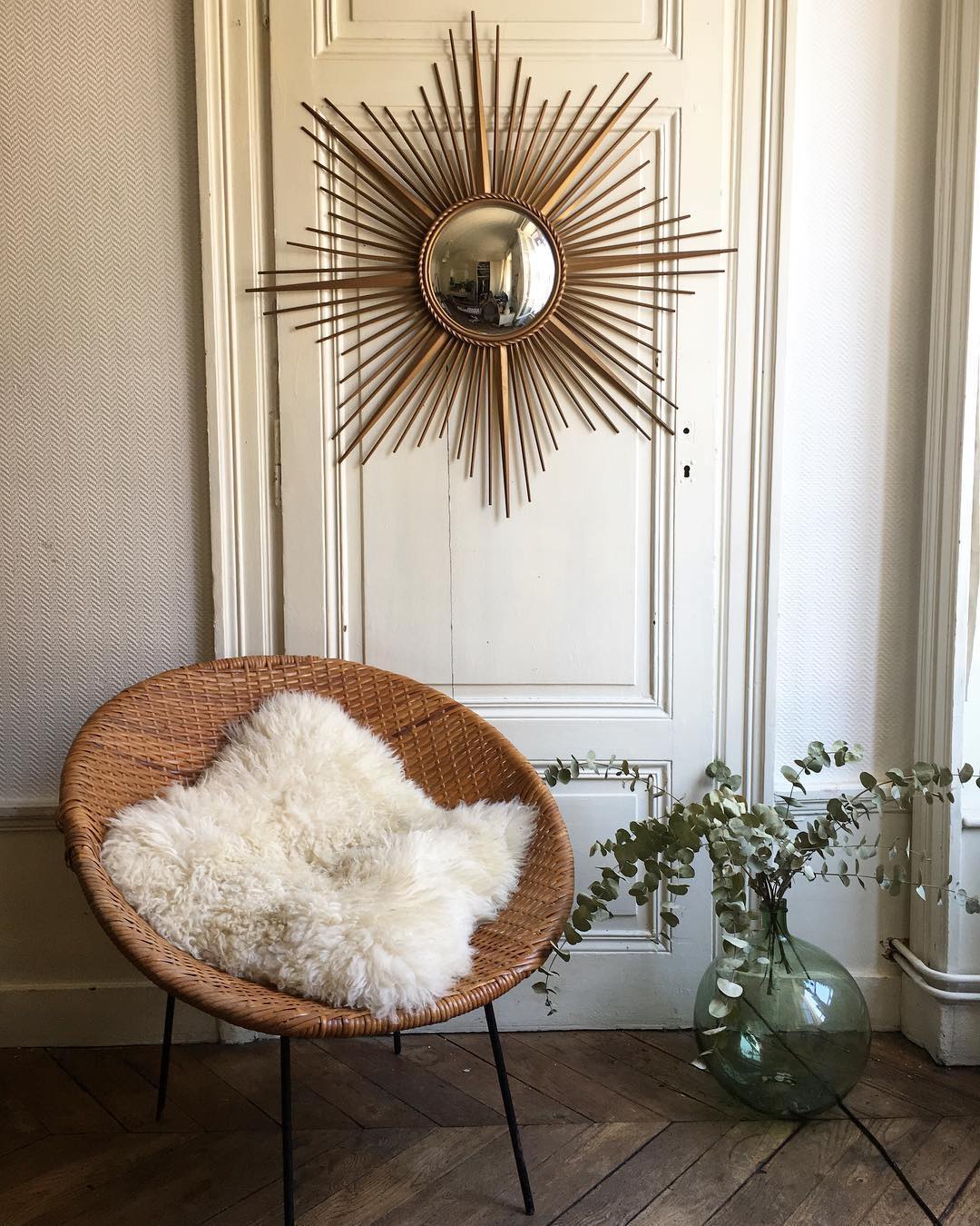 Miroir Soleil Rond Chaty Vallauris 1960, Cadre Doré Métal, 82 Cm, Vintage
