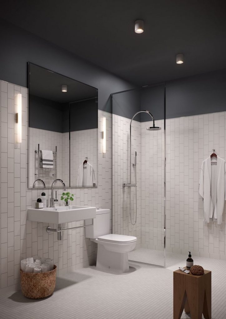 salle de bain retro noire et blanche  minimaliste tabouret en bois carrelage mosaique