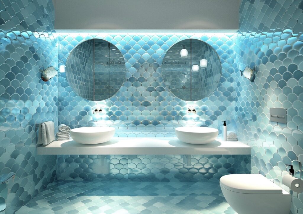 carrelage écaille de poisson salle de bains turquoise - blog déco
