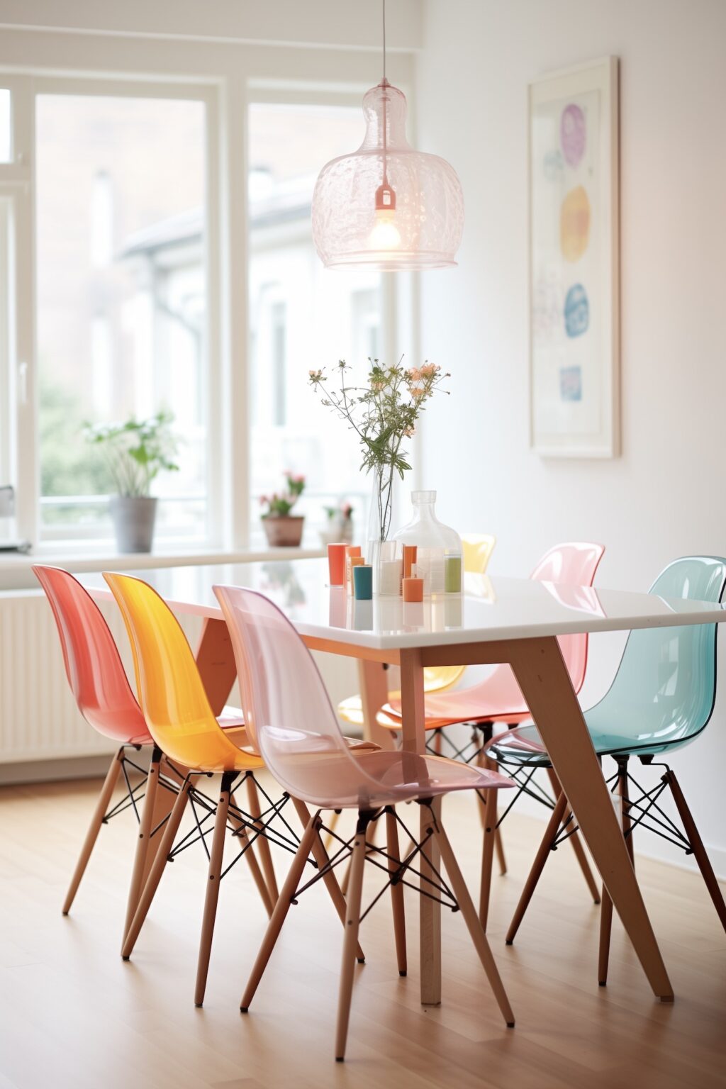 chaise plastique Eames transparente colorée pied bois